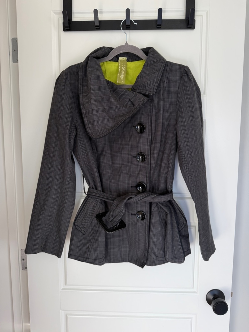 Soia & Kyo Gray Plaid Belted Trench Coat with Lime Lining